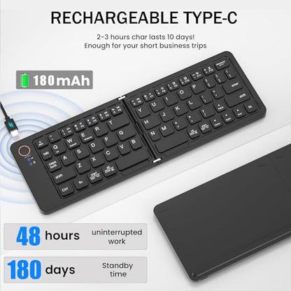 Foldable Bluetooth Keyboard - Ultra Slim, Portable, Pocket Size, Rechargeable Wireless Full Size Travel Keyboard, Compatible with iOS, Android, Windows, for Smartphone, Tablet, Ipad, Iphone, Laptop