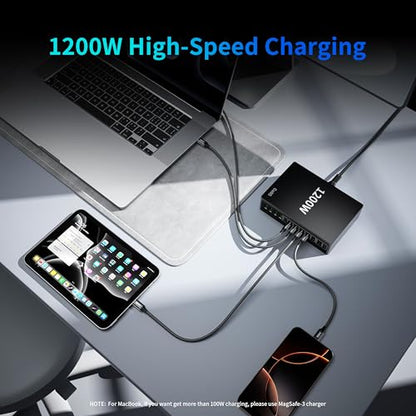 1200W USB C Charger Block Fast 12 Port MacBook Pro Charging Station | 140W PD PPS AVS HUB for All iPhone 17 Pro Max/17 Air/16 SE/Samsung Galaxy 26/ MacBook Pro/Air/iPad Pro/240W Cable - color: Black