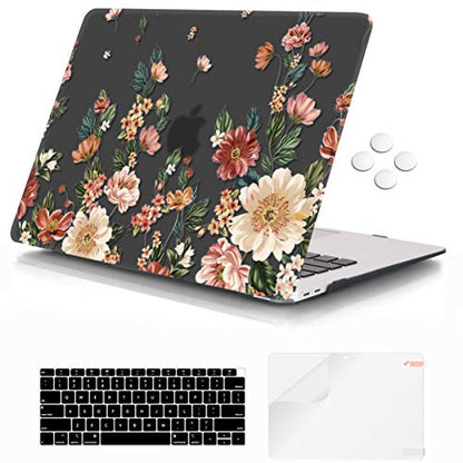 iCasso Compatible with MacBook Air 13 inch Case 2018-2020 Release A2337 M1/ A1932/A2179, Hard Shell Case and Keyboard Cover Only for MacBook Air 13'' with Touch ID Retina Display - Black Floral - color: Black Floral