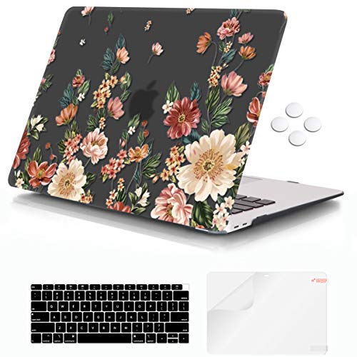 iCasso Compatible with MacBook Air 13 inch Case 2018-2020 Release A2337 M1/ A1932/A2179, Hard Shell Case and Keyboard Cover Only for MacBook Air 13'' with Touch ID Retina Display - Black Floral - color: Black Floral