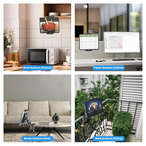 iPad Under Cabinet Mount, Kitchen Tablet Holder, iPad Desk Mount with Clamp | Heavy Duty Aluminum Base & Metal Arm, 360° Rotation, Compatible with 4.7"-12.9" iPad Pro/Air/Mini/Kindles/Galaxy Tab/Phones
