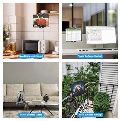 iPad Under Cabinet Mount, Kitchen Tablet Holder, iPad Desk Mount with Clamp | Heavy Duty Aluminum Base & Metal Arm, 360° Rotation, Compatible with 4.7"-12.9" iPad Pro/Air/Mini/Kindles/Galaxy Tab/Phones