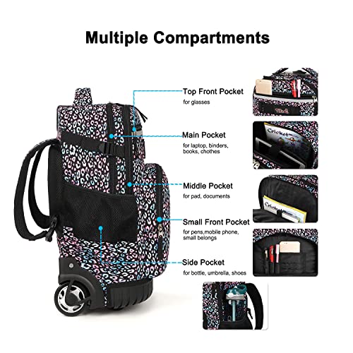 Tilami Rolling Backpack 18 inch Wheeled Laptop Backpack School College Student Travel Trip Boys and Girls (Colorful Leopard) - color: Colorful Leopard