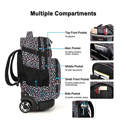 Tilami Rolling Backpack 18 inch Wheeled Laptop Backpack School College Student Travel Trip Boys and Girls (Colorful Leopard) - color: Colorful Leopard