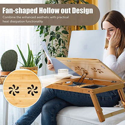Tangkula Laptop Desk w/Heat-Dissipation Holes, Height Adjustable Bed Table | Folding Breakfast Serving Bed Tray, Tilting Top & Drawer, 100% Bamboo, Surfing Reading Writing Eating