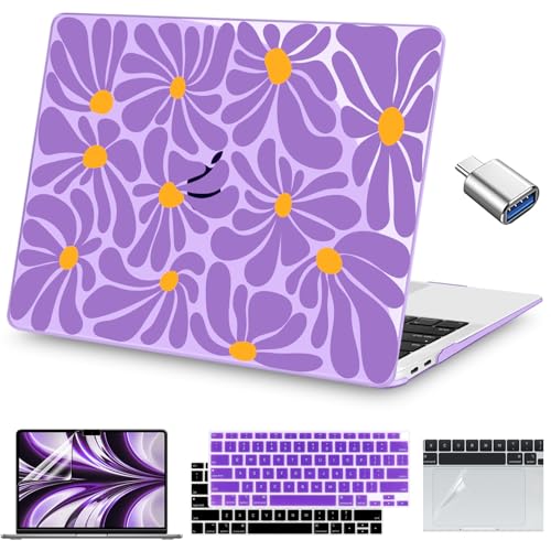 Teryeefi Compatible with MacBook Air 13 inch Case M1 2021 2020 2019 2018 Release A2337 A2179 A1932 with Touch ID, Plastic Hard Shell & Keyboard Cover & USB Adapter - Abstract Purple Flower 134 - color: Abstract Purple Flower 134