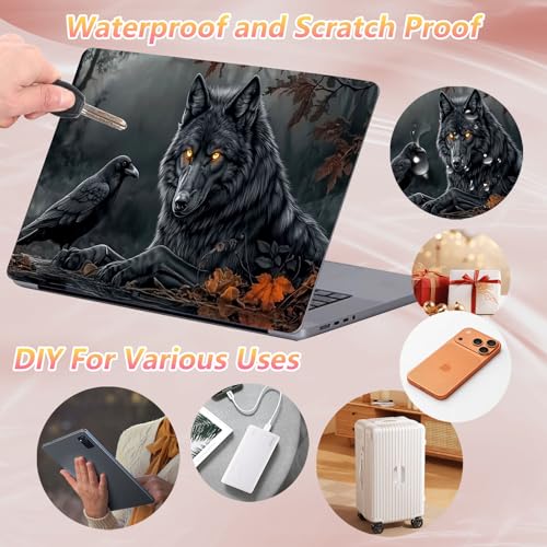 Laptop Skin Sticker Decal 12" 13" 13.3" 14" 15" 15.6",Waterproof Scratch Resistant Vinyl,Reusable Easy to Apply,for MacBook HP Dell Notebooks Netbooks Laptop,2 Wrist Pads,Black Wolf Crow - color: Black Wolf Crow