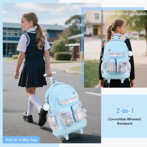 ACESAK Rolling Backpack for Girls - Roller Wheels School bag with Lunch Bag & Pencil Pouch for Teen Girls Kids Wheeled Suitcase Backpacks, Elementary Middle School Travel Daypack (Blue) - color: Blue