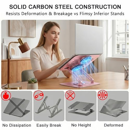 Laptop Stand with Cooling Fan, 360° Rotating Base Aluminum Laptop Riser, Foldable Ergonomic Computer Stand for Desk, Height Adjustable Notebook & All Laptops Up to 17.3" (Pink) - color: Pink