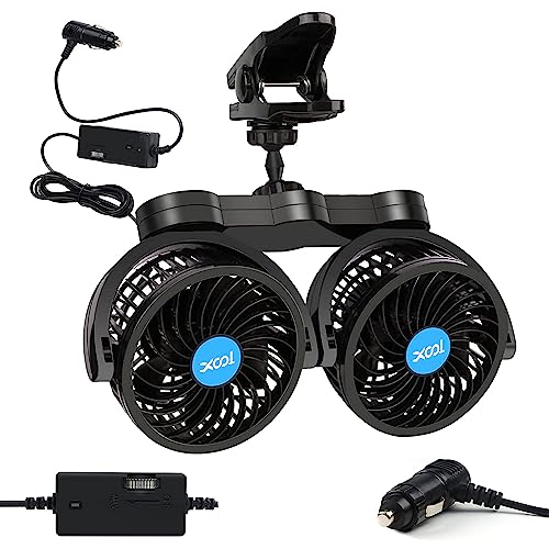 XOOL Clip Car Fan, Adjustable Dual Head 4 Inches 12V Fan for Front/Rear Seat Passenger, 360° Rotatable Electric Car Cooling Fans with Stepless Speed Regulation for SUV, RV, Vehicles - size: Cigarette Dual Fan - Clip