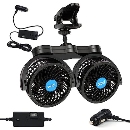 XOOL Clip Car Fan, Adjustable Dual Head 4 Inches 12V Fan for Front/Rear Seat Passenger, 360° Rotatable Electric Car Cooling Fans with Stepless Speed Regulation for SUV, RV, Vehicles - size: Cigarette Dual Fan - Clip