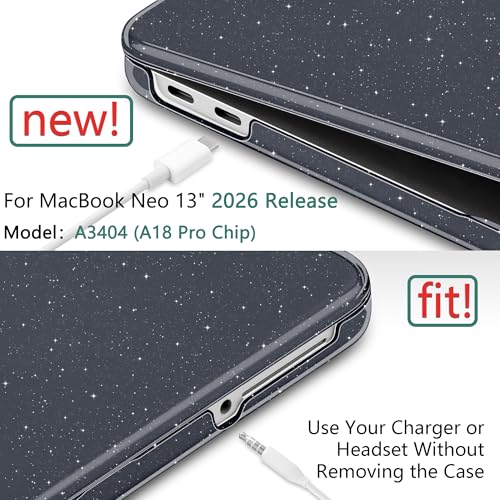DONGKE Glitter Case for MacBook Neo 13 Inch 2026 (Model A3404 | A18 Pro Chip) | Clear Sparkly Hard Shell Cover with Screen Protector & Keyboard Cover & 2 USB-C Adapters - Bling Black - color: Bling Black