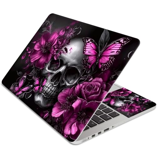 15.6 Inch Laptop Skin Sticker, Reusable Vinyl Cover Protector with 2 Wrist Pad Skins, Removable Waterproof Scratch-Resistant for 12-15.6 Inch Laptop Notebook,Skull Flowers Purple Butterflies - color: Skull Flowers Purple Butterflies