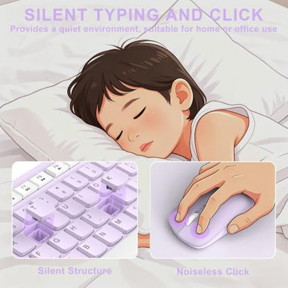 Wireless Keyboard and Mouse Combo, Full-Sized Wireless Keyboard and Adjustable DPI Mouse, 2.4GHz USB Receiver, Keyboard and Mouse for PC, Windows, Desktop, Laptop (Lilac) - color: Light Purple