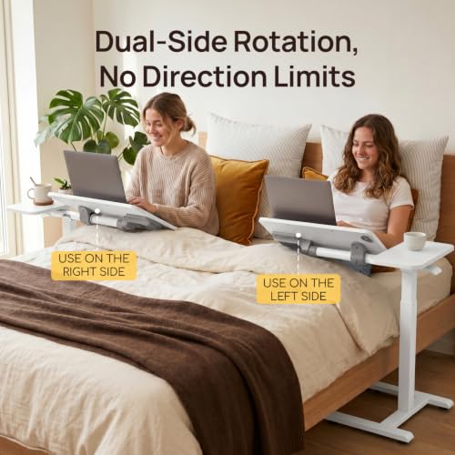 Overbed Table with Wheels, Height Adjustable Hospital Bed Table, Dual-Tiltable Rolling Laptop Desk for Bed, Hidden Casters H-Base Portable Side Table for Couch, Hospital & Home Office - color: White