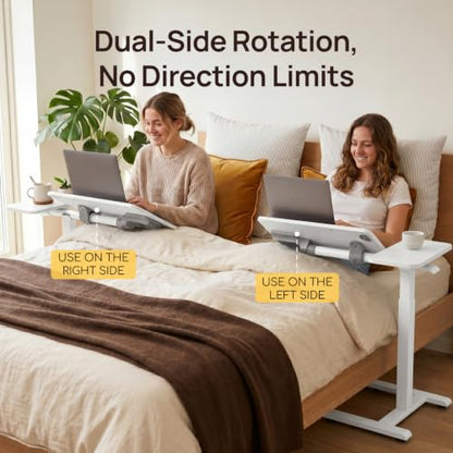 Overbed Table with Wheels, Height Adjustable Hospital Bed Table, Dual-Tiltable Rolling Laptop Desk for Bed, Hidden Casters H-Base Portable Side Table for Couch, Hospital & Home Office - color: White