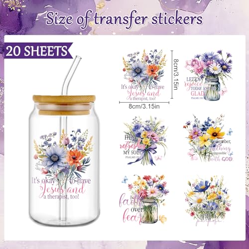 Rngmsi 20 Sheets Watercolor Floral Bible UV DTF Cup Wrap UV DTF Stickers | Wreath Uvdtf Decals, for 16 oz Glass Cups Mugs Tumblers Water Bottles, Waterproof, DIY Christian Crafts - style: Watercolor Bible
