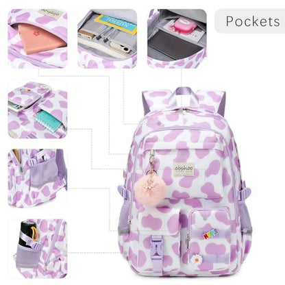 abshoo School Backpack for Girls Bookbag with Lunch Bag Teen Girls School Bag Travel Daypack (Cow Print Purple) - color: Cow Print Purple