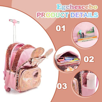 Kids Rolling Big Ears Backpack for Girls Sequins Trolley Suitcases Luggage Travel with Wheels Bookbag Wheeled 17" Roller Backpacks Set Toddler Back Pack School Bags for Elementary Champagne - color: 5315-miqi-champagne