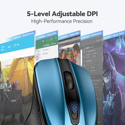 TECKNET Wireless Mouse, 2.4G Ergonomic Computer Mouse, 2600 DPI, Azure | Ergonomic Design with Side Grips, Adjustable DPI, 2-Year Battery, Compact Size, USB-A Plug & Play, Wide OS Compatibility - color: Azure