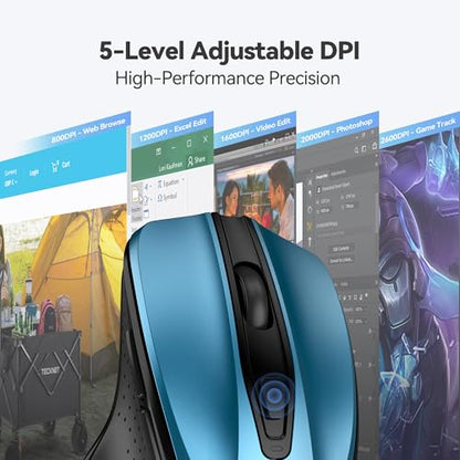 TECKNET Wireless Mouse, 2.4G Ergonomic Computer Mouse, 2600 DPI, Azure | Ergonomic Design with Side Grips, Adjustable DPI, 2-Year Battery, Compact Size, USB-A Plug & Play, Wide OS Compatibility - color: Azure