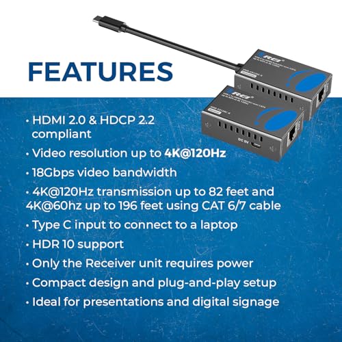 OREI 4K 120Hz USB-C to HDMI Over Cat6/7 Ethernet Extender, 4K, Up to 80ft with HDR & Audio Over Ethernet - Perfect for Extending Your Laptop, Presentation, Meeting Rooms