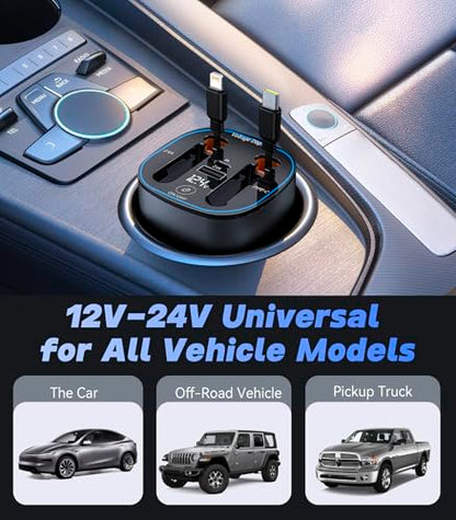 120W 4-in-1 Fast Car Charger - Retractable Cable Station with Digital Display, 100W Type-C & Lightning Coils, Universal for All 12V-24V Cigarette Lighter Vehicles