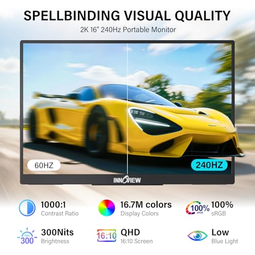 InnoView 16" 240Hz Portable Monitor 2K 2560x1600 100% sRGB Portable Gaming Monitor Laptop Monitors Built-in Speakers 180° Adjustable Type-C HDMI Laptop Screen Extender for Surface Pro PS5 Switch Xbox - size: 16-inch