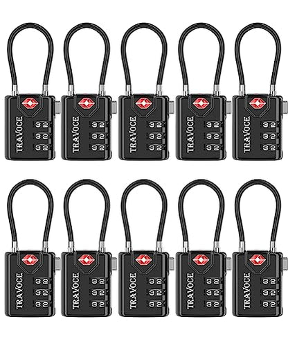 TRAVOCE TSA Approved Luggage Locks - Heavy Duty 3 Digit Combination Cable Lock, Search Alert for Suitcases, Backpacks, Golf Bags, Tents, Violin and Camera Cases, 10 Pack, Black - color: Black 10 Pack