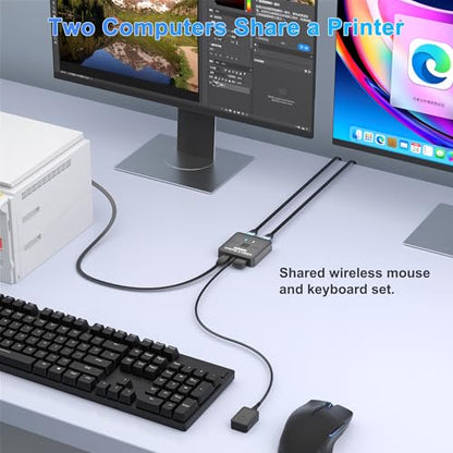 USB 3.0 Switch 2 in 2 Out, USB Switcher 2 Computers Sharing Keyboard and Mouse Printer Scanner Webcam, Printer Splitter for 2 PC, 2 Port USB-A Selector Switch with 2 USB Cables and Desktop Controller