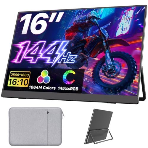 Upperizon Portable Monitor 16 inch 2K QHD 2560X1600 145% sRGB, 144Hz USB-C, 120Hz HDMI, Travel Monitor for Laptop MacBook PC Surface PS5 Xbox, External Display with Kickstand & Speaker VESA Compatible - size: 16 inch