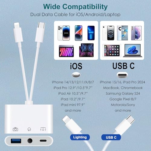USB-C & Lightning to 3.5mm Headphone Adapter USB OTG Camera Adapter | USB-C/Lightning to USB Adapter with 3.5mm Audio Jack, OTG Data Transfer & PD 60W Fast Charging Port for iPhone/iPad/Android