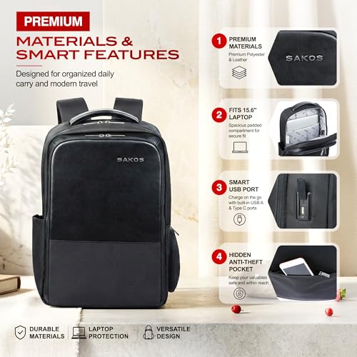 SAKOS Business Backpack for Men & Women, Smart Professional Backpack with USB Charging Port, 15.6 inch Waterproof Laptop Backpack with Microfiber Leather Accents