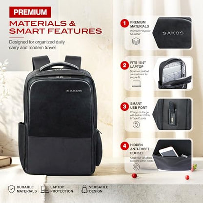 SAKOS Business Backpack for Men & Women, Smart Professional Backpack with USB Charging Port, 15.6 inch Waterproof Laptop Backpack with Microfiber Leather Accents