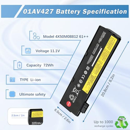 72Wh 61++ 01AV427 01AV425 Battery Replacement for Lenovo ThinkPad T470 T480 P51S P52S T570 T580 A485 TP25 P51S P52S 01AV422 01AV423 01AV428 01AV492 X50M08812 4X50M08812 SB10K97584 SB10K97585 - style: 01AV427