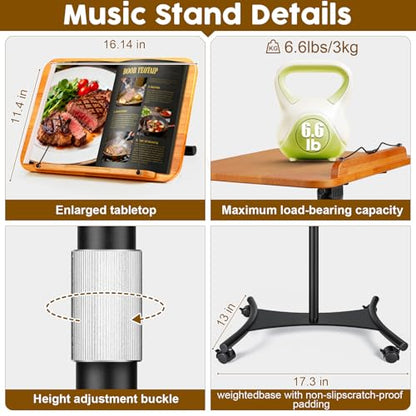 2 in 1 Dual-use Music Stand & Desktop Book Stand, Adjustable Height 16.5"-51", 100% Solid Wood Laptop Floor Stand Book Holder with Elastic Page Clips for Cookbooks (Brown-Wheeled) - color: Brown-wheeled