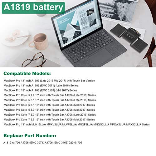 Fancy Buying A1706 A1819 Laptop Battery Replacement for MacBook Pro 13 inch Touch Bar Late 2016 Mid 2017 EMC 3071 3163 MLH12LL/A MPXV2LL/A MLVP2LL/A MNQF2LL/A MNQG2LL/A 11.41V 4314mAh/49.2Wh - size: 9.33*4.25*0.28inch A1706