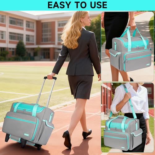 Rolling Teacher Bag with Wheels,Large Briefcase with Detachable Trolley&17in Laptop Sleeve for Women Work Travel
