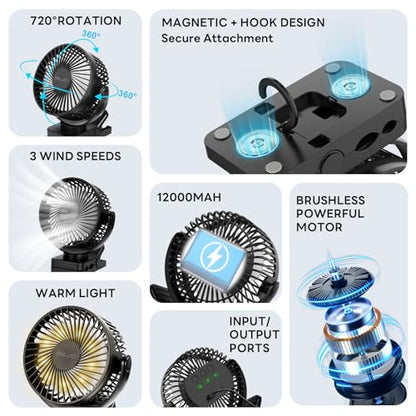 ELZO 12000mAh Clip on Fan, USB Desk Fan Rechargeable with LED Light & Hanging Hook & Magnetic (Black)