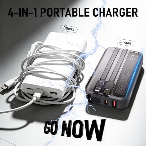 Portable Charger with Wall Plug, 20000mAh Power Bank 22.5W Fast Charging, Built-in Lightning & USB-C Cables, Plug in Portable Charger for Android Samsung iPhone, 4-in-1 Travel Charger