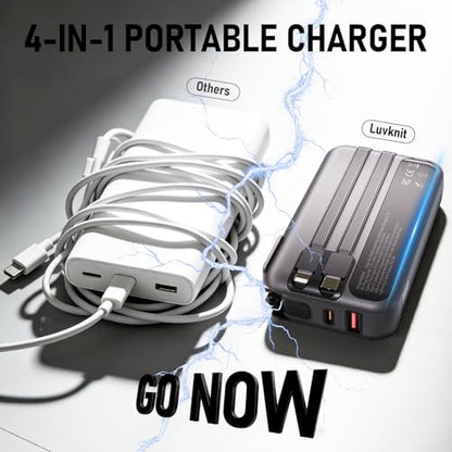 Portable Charger with Wall Plug, 20000mAh Power Bank 22.5W Fast Charging, Built-in Lightning & USB-C Cables, Plug in Portable Charger for Android Samsung iPhone, 4-in-1 Travel Charger
