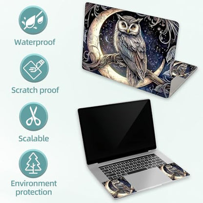 Universal Laptop Skin Decal, 3-Piece Vinyl Protector for 12 13 14 15.6" Notebook, Waterproof Anti-Scratch, Easy Trim & Bubble-Free Finish, Owl Crescent Moon - color: Owl Crescent Moon