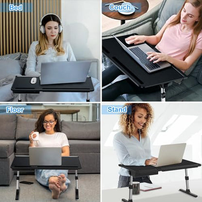 Laptop Bed Desk, X-Large Leather Adjustable Computer Bed Table Tray, Foldable Laptop Lap Desk for Bed Sofa Couch Floor Writing Eating Working with Drawer 2 Movable Stoppers (23.6 inch, Black) - color: Black