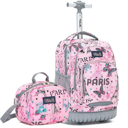 NEW TILAMI Rolling Backpack for Kids 18 Inch Wheeled Laptop Backpack Kids School Travel - color: Pink Paris
