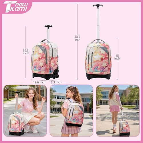 NEW TILAMI 18 Inch Rolling Backpack with Lunch Bag for Girls Boys School | 6-Wheel Stair-Climbing Girls Boys Carry-on Suitcase Water-Resistant Adjustable Trolley Handle Wheels School Travel Camping - color: Starshine