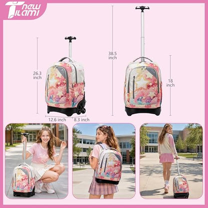 NEW TILAMI 18 Inch Rolling Backpack with Lunch Bag for Girls Boys School | 6-Wheel Stair-Climbing Girls Boys Carry-on Suitcase Water-Resistant Adjustable Trolley Handle Wheels School Travel Camping - color: Starshine