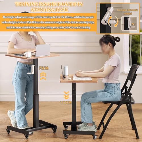 Adjustable Height Stand Up Desk, Training Institution Lifts Desk, Side Table with Long Card Slot + Cup Holder, School Mobile Lecture Table, 360° Brake Roller