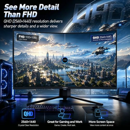 KOORUI 32 inch Curved Gaming Monitor, QHD 170Hz, 1ms 1500R Display | 2560×1440 Monitor, Adaptive Sync, 90% DCI-P3, HDMI×2 and DP, VESA, FPS & Console Gaming, Immersive Gaming, Home Entertainment - size: 32inch 170Hz/QHD/Curved