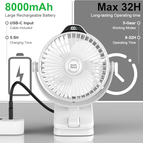 Minthouz 8000mAh Rechargeable Small Clip Fan with Battery Level Indicator | 8000mAh Battery Powered Fan with Remote, 720° Rotation Low Noise USB C Desk Fan for Outdoor Home/Office/Camping/Travel - color: White