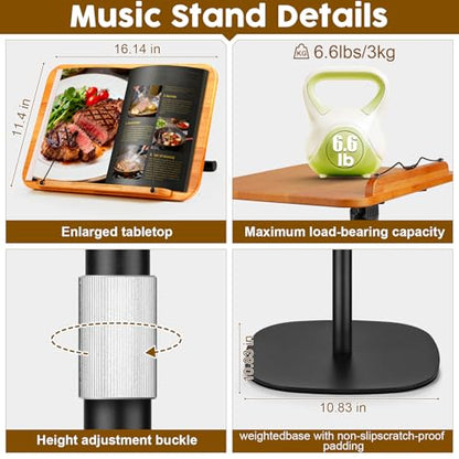 2 in 1 Dual-use Music Stand & Desktop Book Stand, Adjustable Height 16.5"-51", 100% Solid Wood Laptop Floor Stand Book Holder with Elastic Page Clips for Cookbooks (Brown) - color: Brown